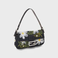 WGACA Fendi Denim Floral Embroidered Mama Baguette Shoulder Bag